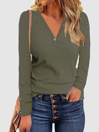 Decorative Button V-Neck Long Sleeve T-Shirt-Angel Casuals