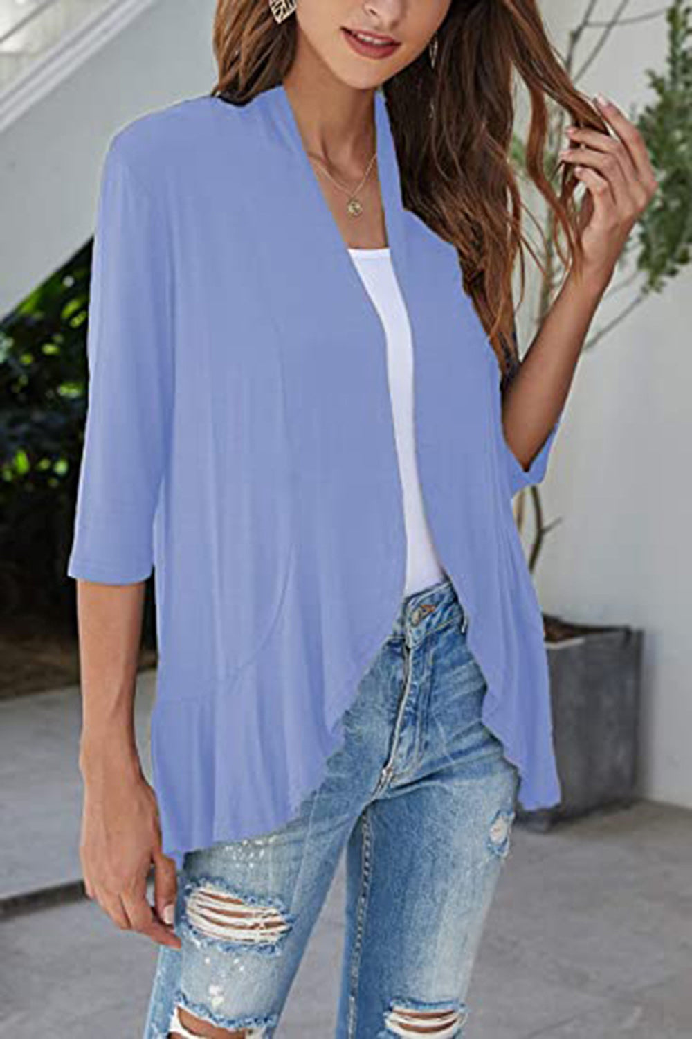 Open Front Three-Quarter Sleeve Cardigan-Angel Casuals