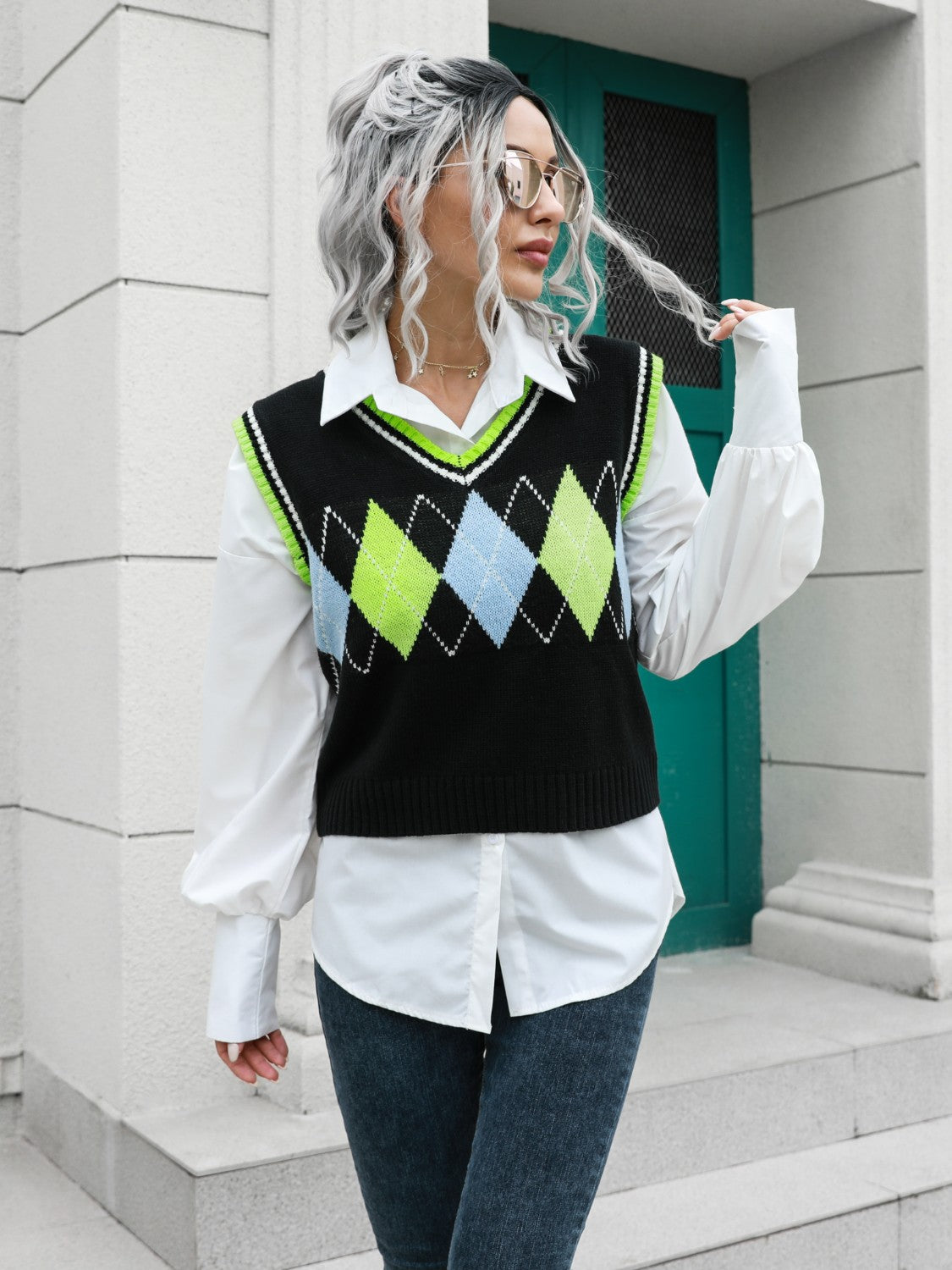 Geometric V-Neck Sweater Vest-Angel Casuals