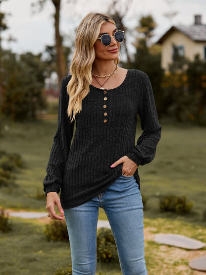 Round Neck Button-Down Long Sleeve Tee-Angel Casuals