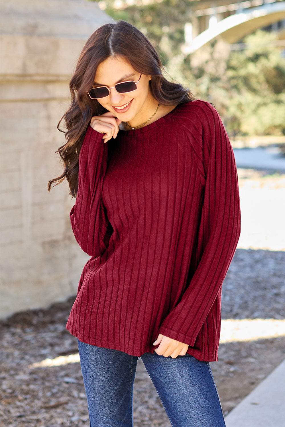 Basic Bae Full Size Ribbed Round Neck Long Sleeve Knit Top-Angel Casuals