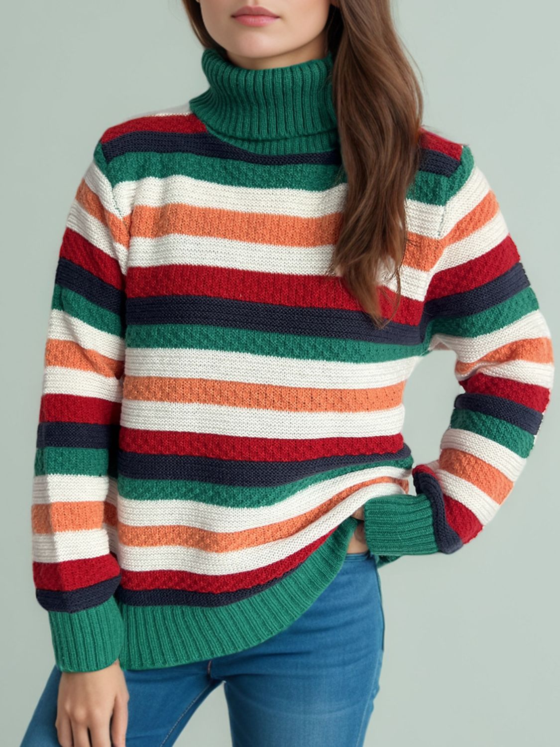 Contrast Stripes Turtleneck Long Sleeve Sweater-Angel Casuals