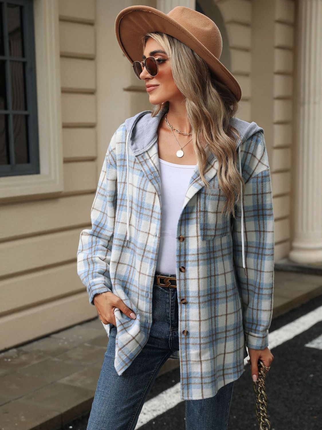 Drawstring Plaid Button Up Hooded Jacket-Angel Casuals