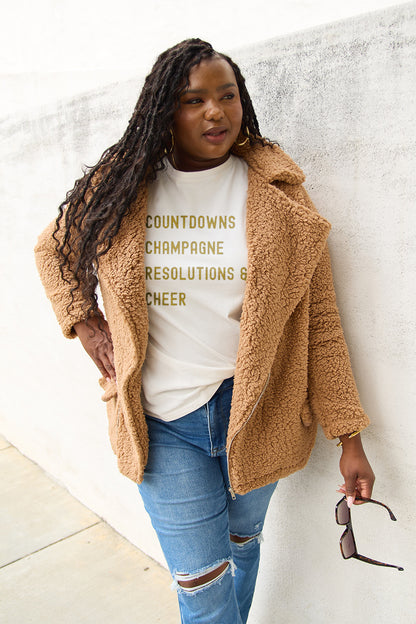 Simply Love Full Size COUNTDOWNS CHAMPAGNE RESOLUTIONS & CHEER Round Neck T-Shirt-Angel Casuals