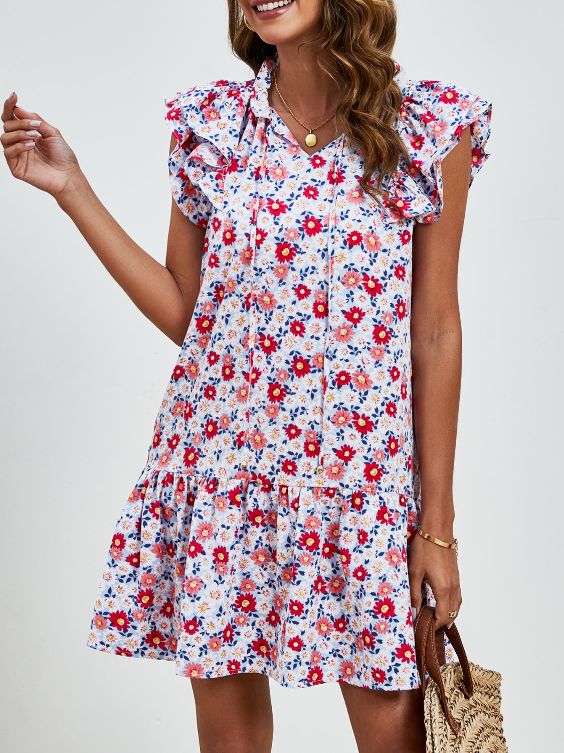 Tied Floral Cap Sleeve Mini Dress-Angel Casuals