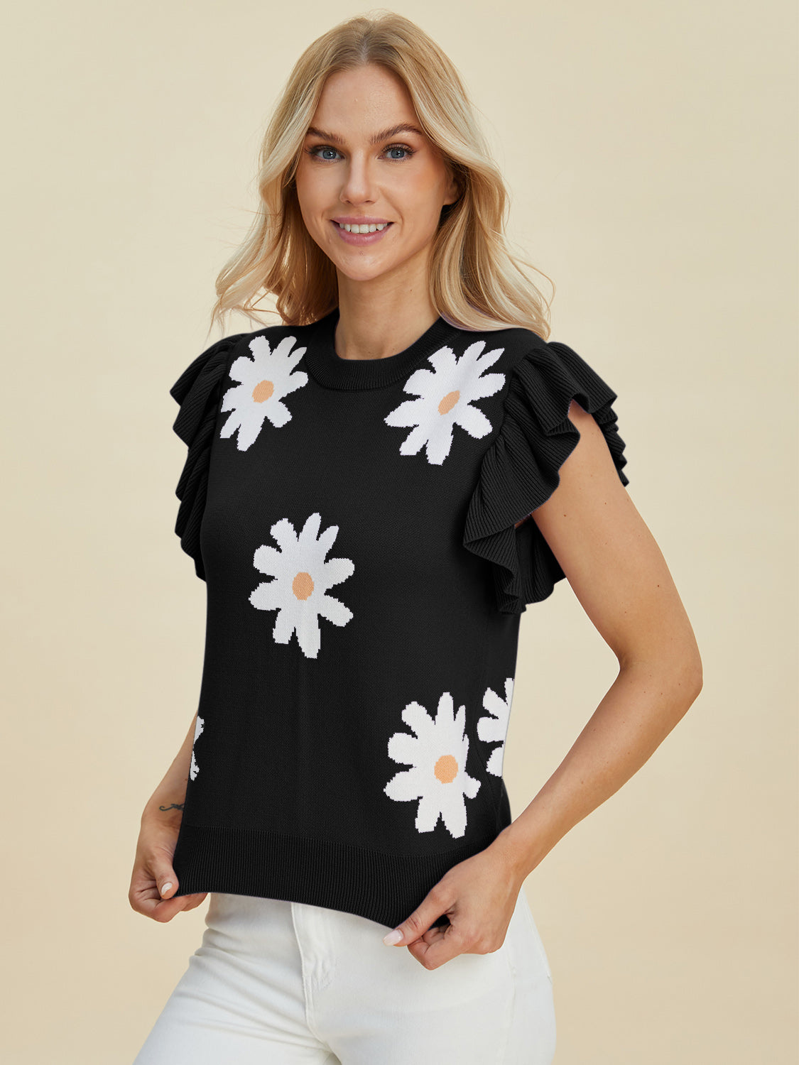 Double Take Full Size Ruffled Flower Round Neck Cap Sleeve Sweater-Angel Casuals