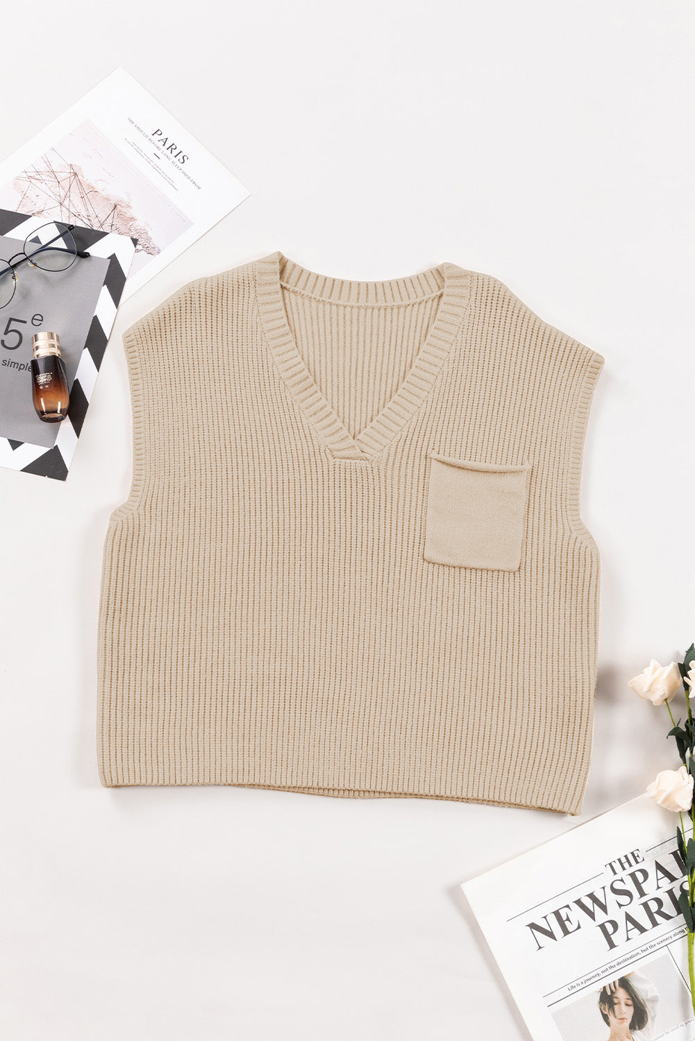 Pocketed V-Neck Cap Sleeve Sweater-Angel Casuals