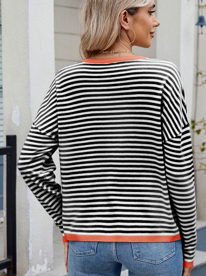 Striped Contrast Round Neck Long Sleeve Sweater-Angel Casuals