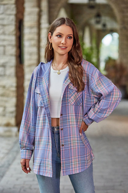 Mandy Plaid Long Sleeve Hooded Jacket-Angel Casuals