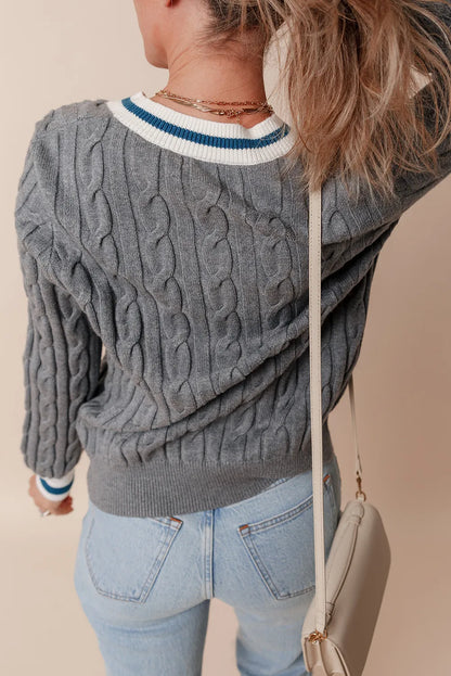 Cable-Knit V-Neck Long Sleeve Sweater-Angel Casuals