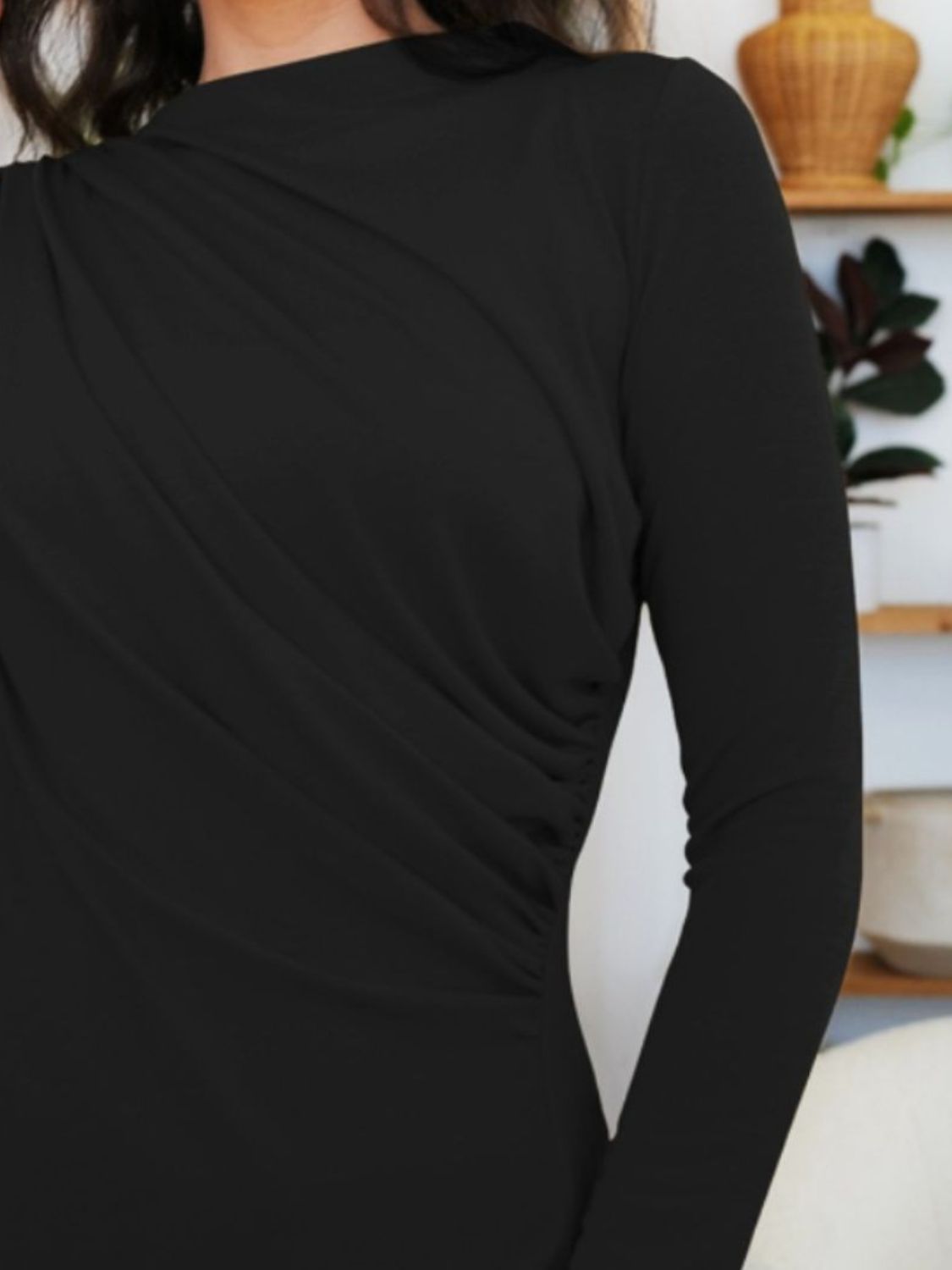 FAM-FAM Ruched Mock Neck Long Sleeve T-Shirt-Angel Casuals