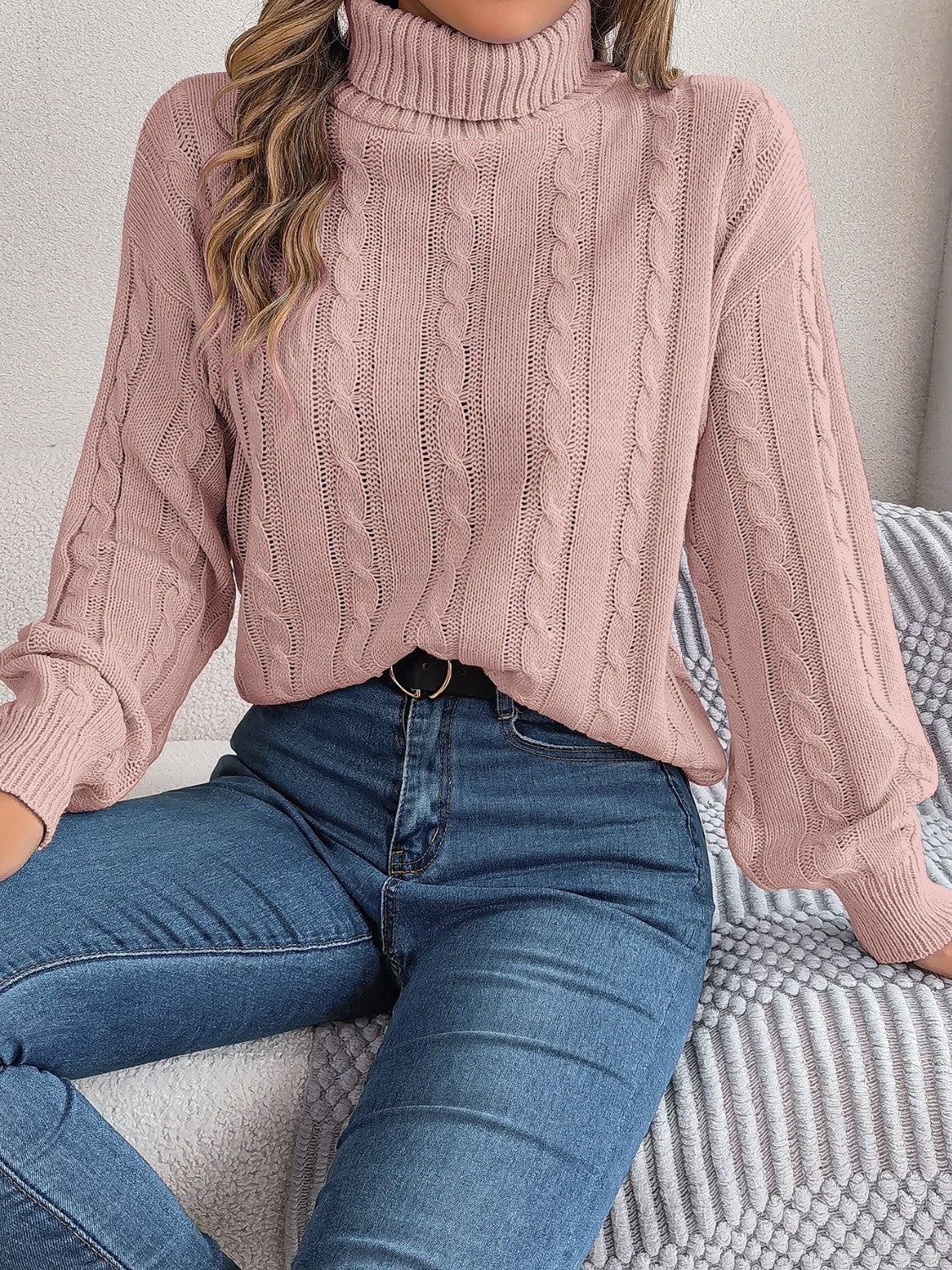 Cable-Knit Turtleneck Dropped Shoulder Sweater-Angel Casuals