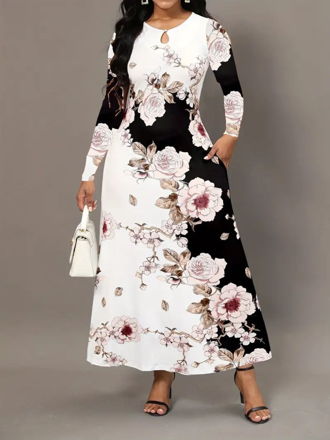 Pocketed Printed Long Sleeve Dress-Angel Casuals