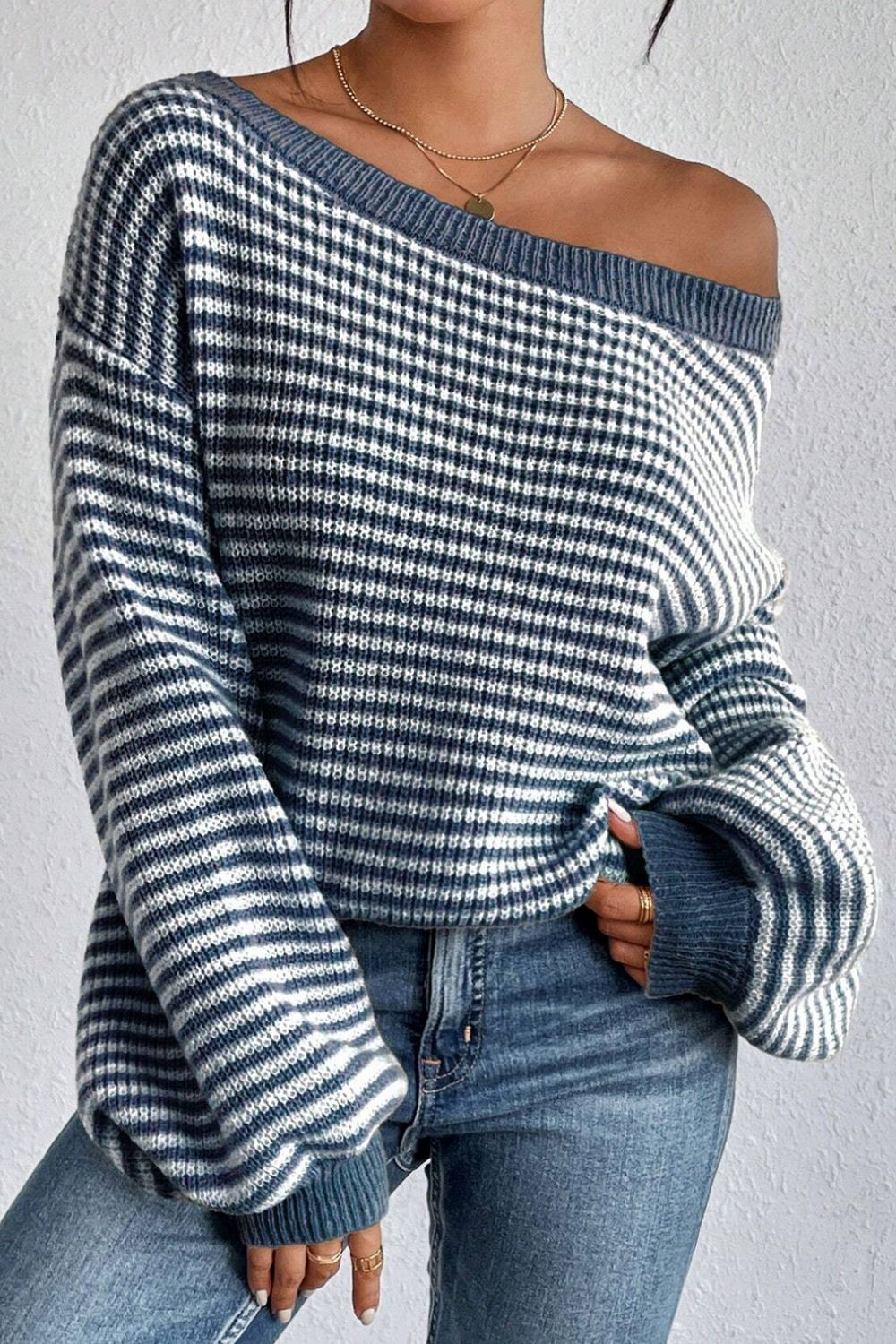 Striped Boat Neck Long Sleeve Sweater-Angel Casuals