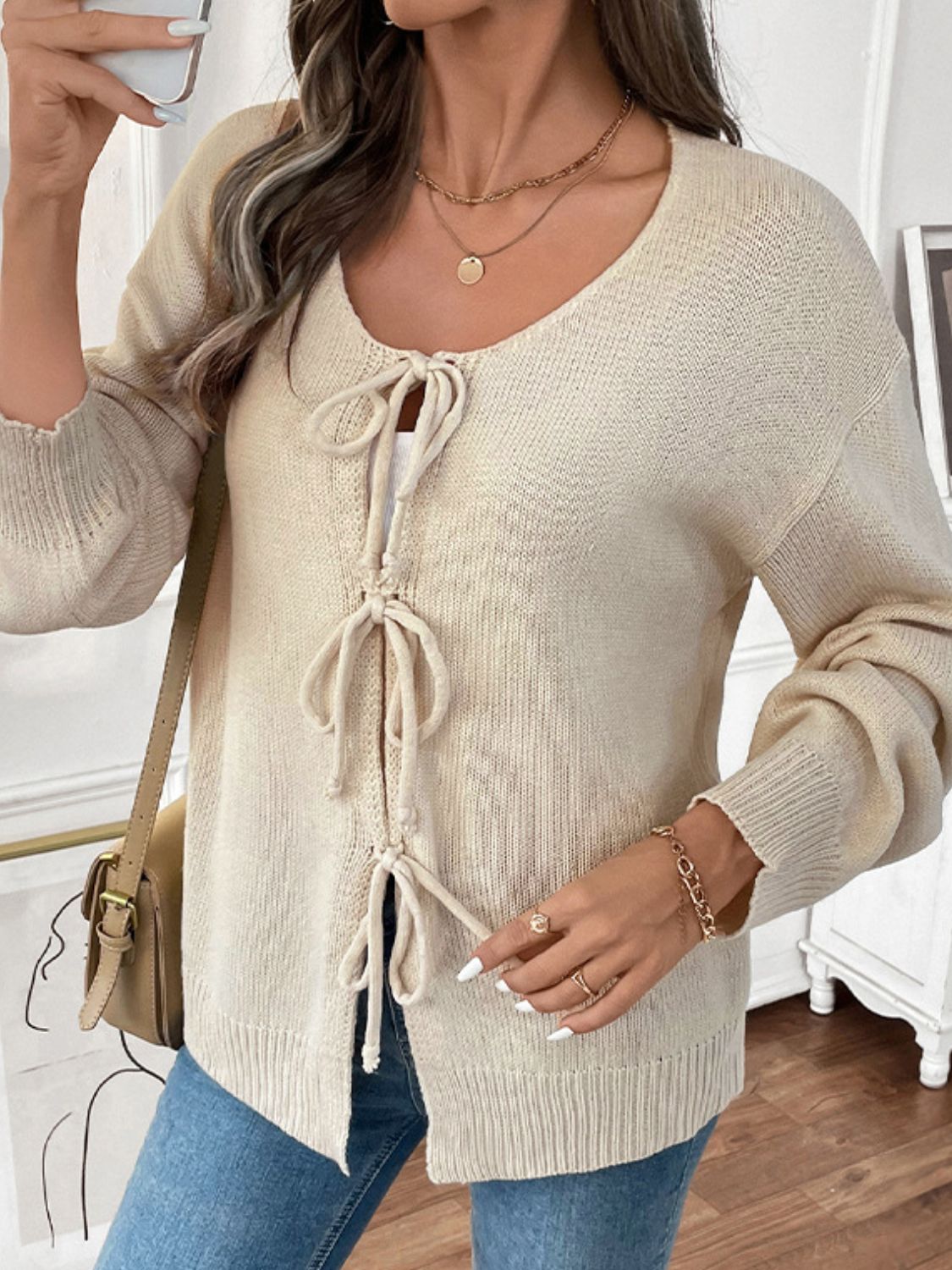 Perfee Tied Round Neck Long Sleeve Cardigan-Angel Casuals