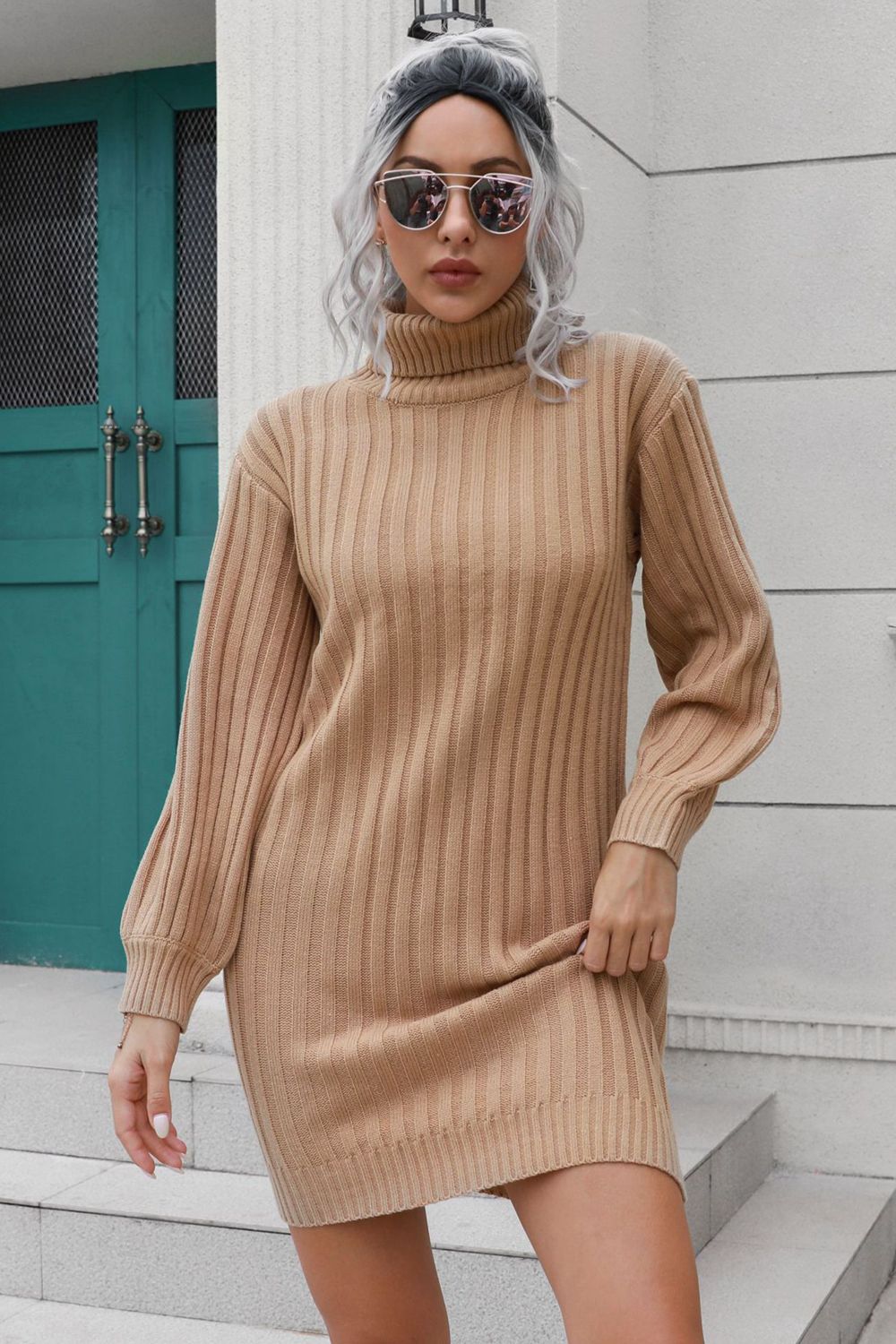 Ribbed Turtle Neck Long Sleeve Mini Sweater Dress-Angel Casuals