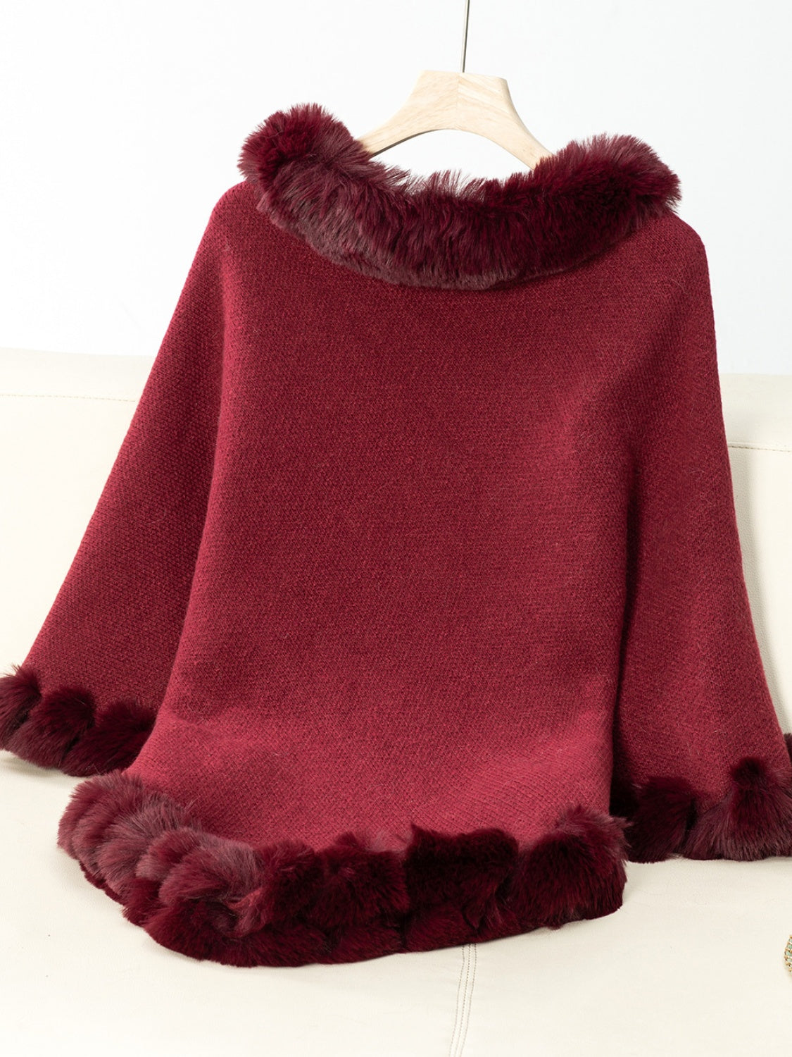 Fuzzy Trim Texture Three-Quarter Sleeve Poncho-Angel Casuals