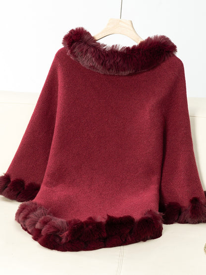 Fuzzy Trim Texture Three-Quarter Sleeve Poncho-Angel Casuals