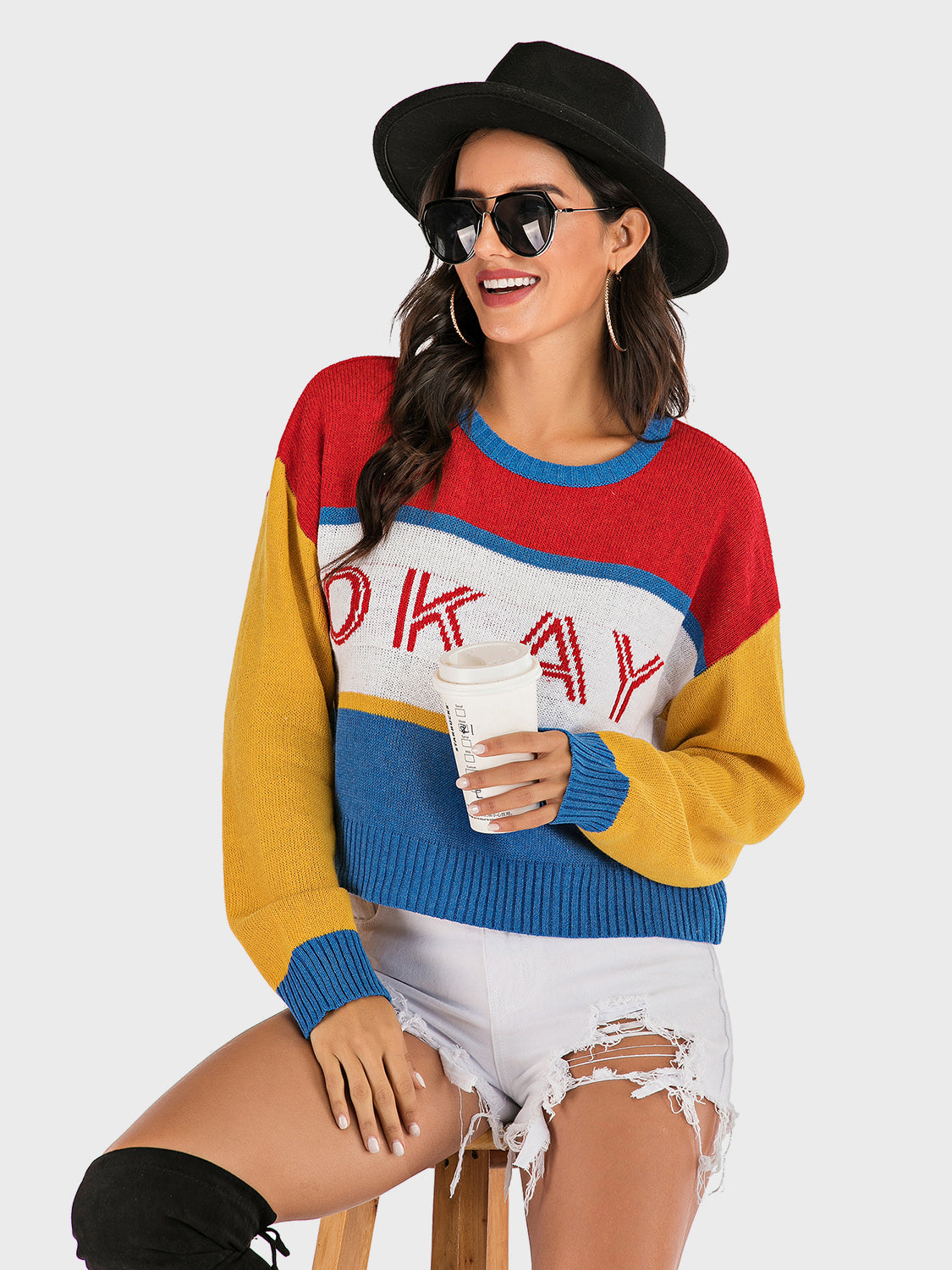 Perfee OKAY Contrast Dropped Shoulder Long Sleeve Sweater-Angel Casuals