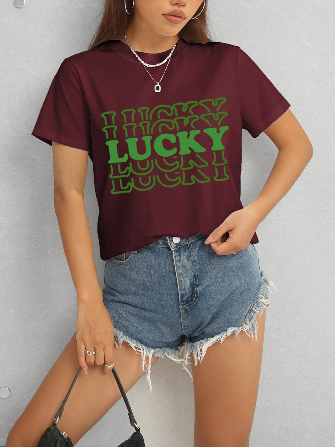 LUCKY Round Neck Short Sleeve T-Shirt-Angel Casuals