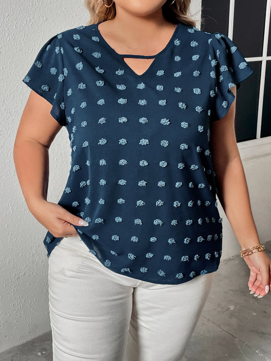 Plus Size Swiss Dot V-Neck Flutter Sleeve Tee-Angel Casuals