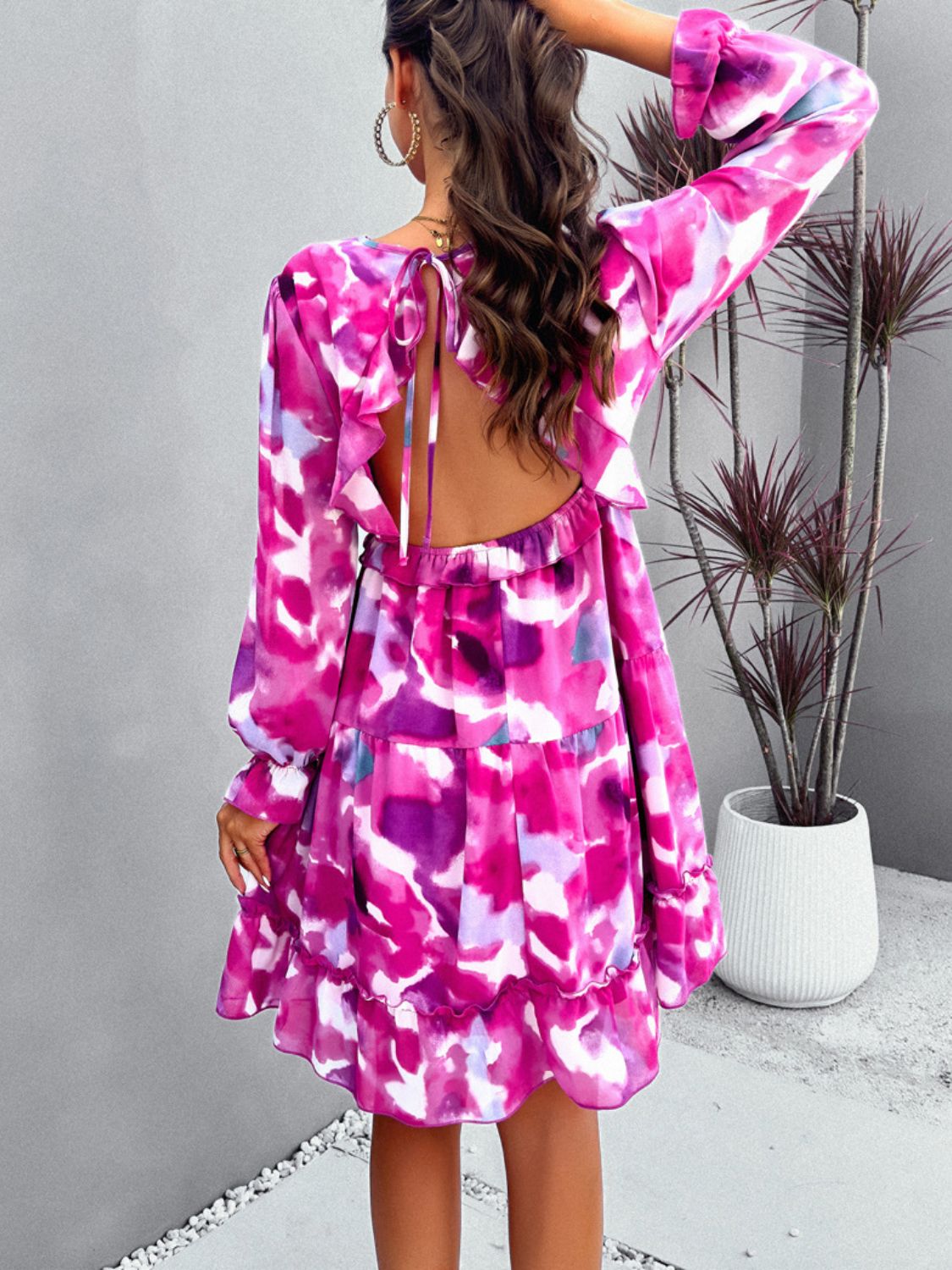 Backless Printed V-Neck Flounce Sleeve Dress-Angel Casuals