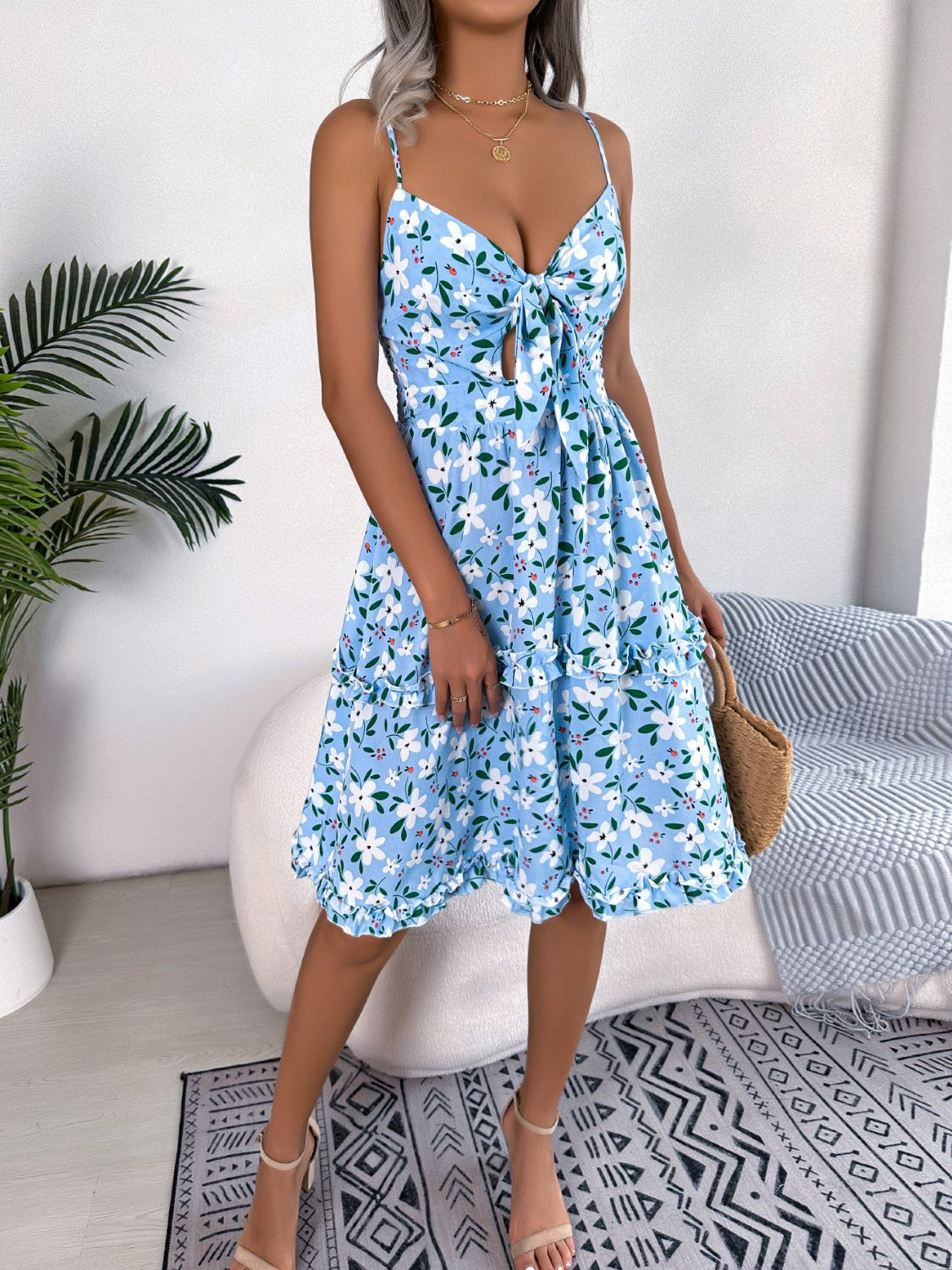 Printed Plunge Cap Sleeve Cami Dress-Angel Casuals