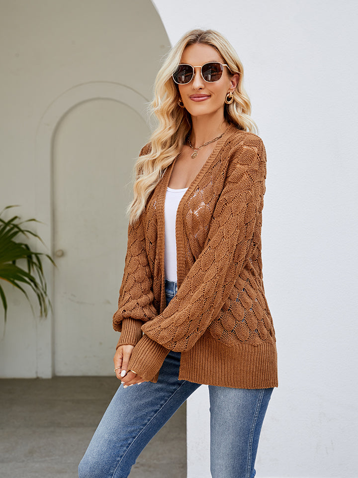 Openwork Open Front Lantern Sleeve Cardigan-Angel Casuals