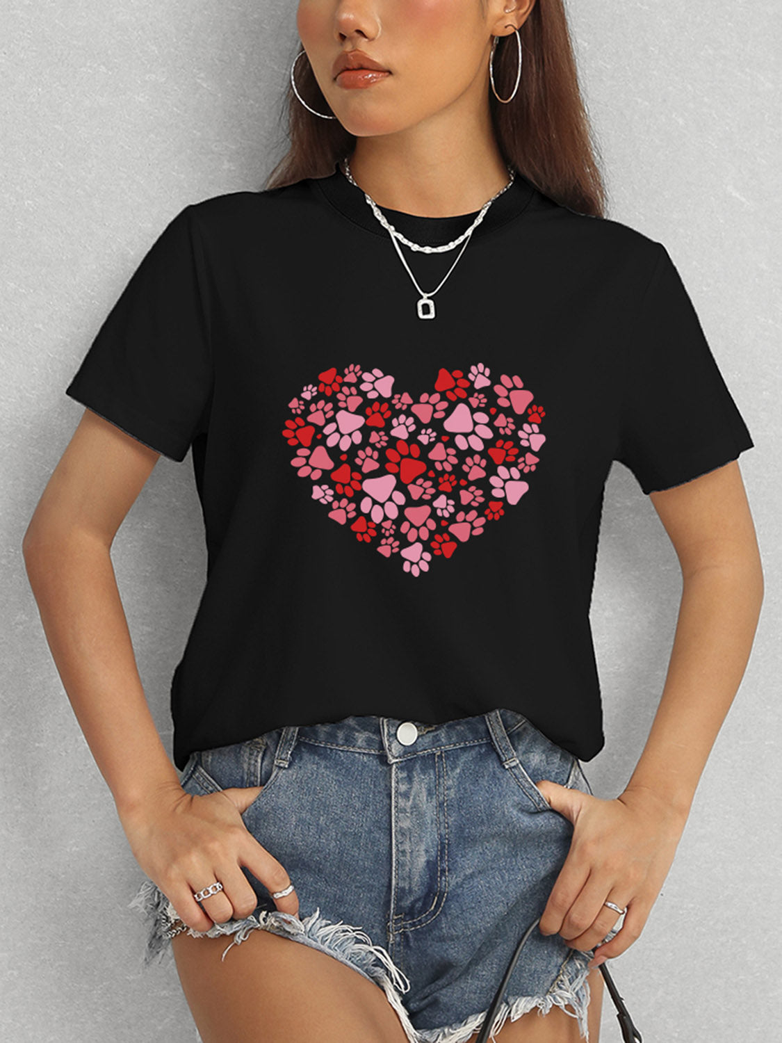 Heart Round Neck Short Sleeve T-Shirt-Angel Casuals