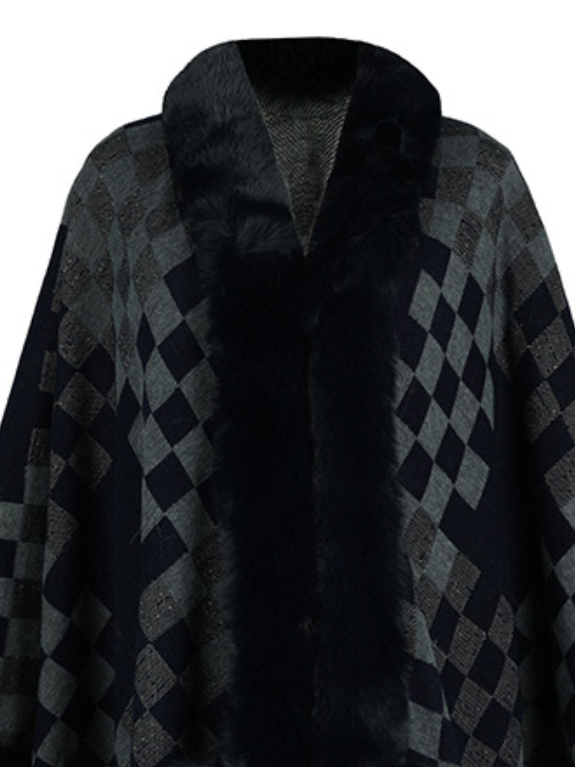 Fuzzy Checkered Long Sleeve Poncho-Angel Casuals