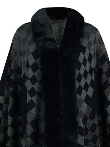 Fuzzy Checkered Long Sleeve Poncho-Angel Casuals