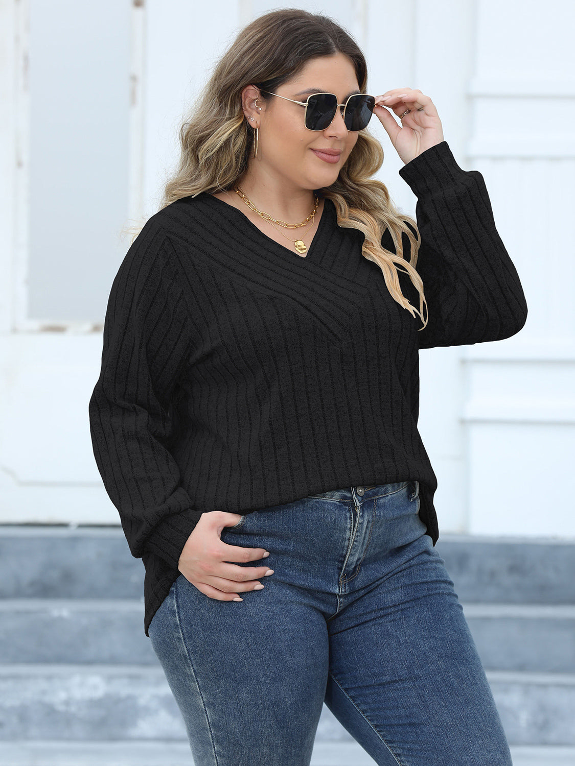 Plus Size Ribbed V-Neck Long Sleeve Top-Angel Casuals