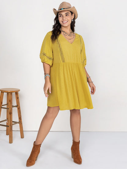 Plus Size Eyelet Swiss Dot Half Sleeve Mini Dress-Angel Casuals