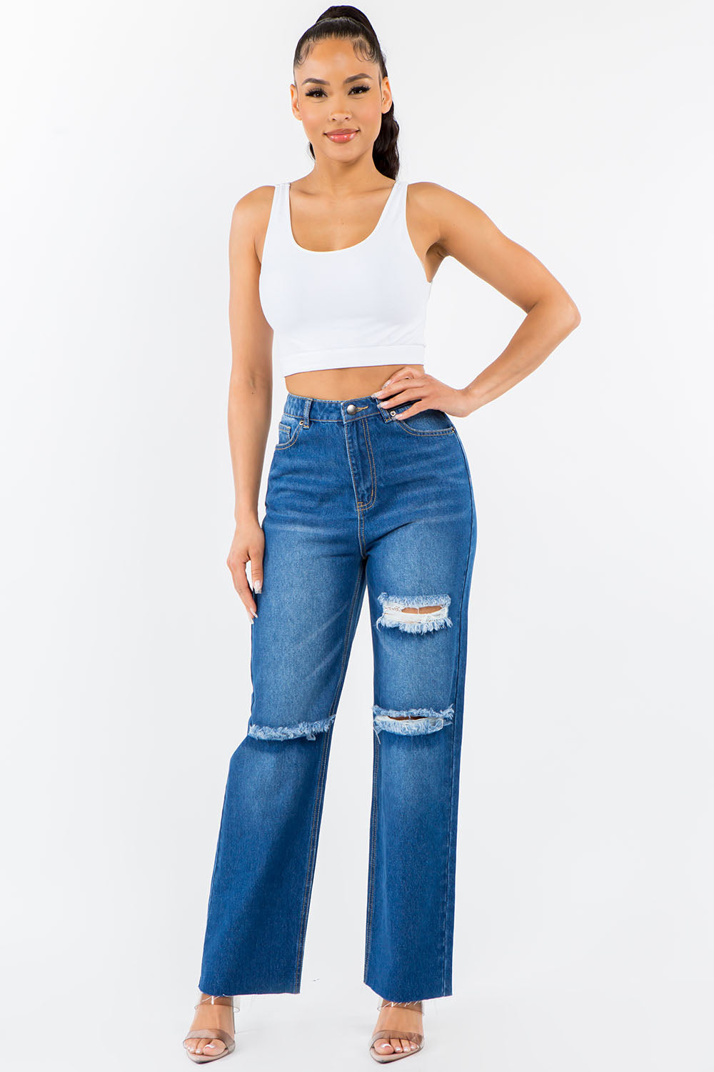 American Bazi High Waist Distressed Wide Leg Jeans-Angel Casuals