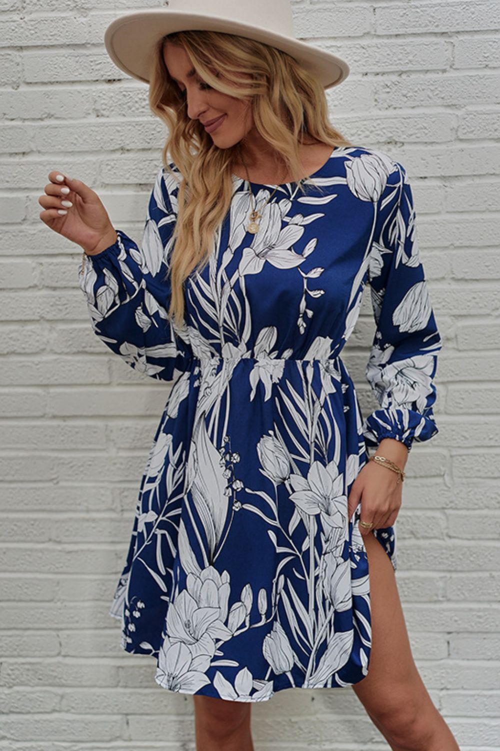 Floral Round Neck Balloon Sleeve Mini Dress-Angel Casuals