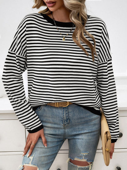 Devine Striped Round Neck Dropped Shoulder Sweater-Angel Casuals