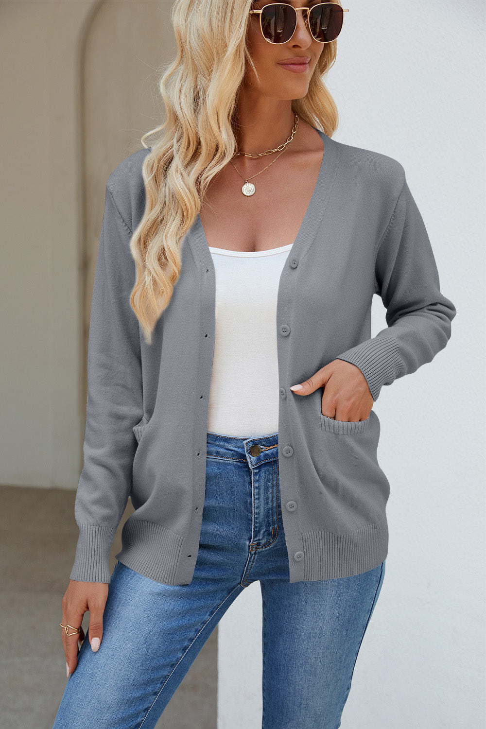 Pocketed V-Neck Button Up Long Sleeve Cardigan-Angel Casuals