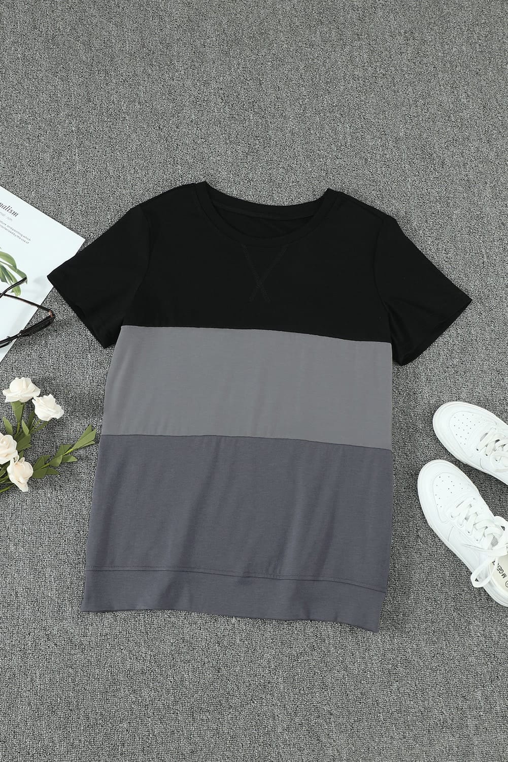 Color Block Side Slit Round Neck T-Shirt-Angel Casuals