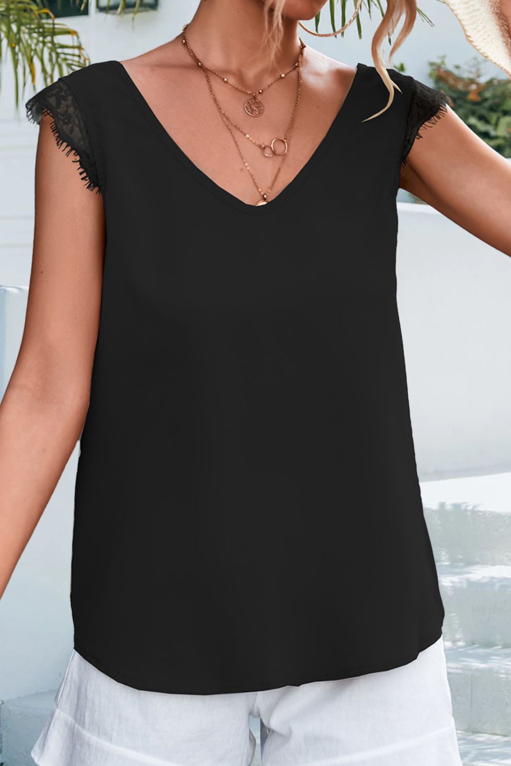 Lace Detail Eyelash Trim V-Neck Tank-Angel Casuals