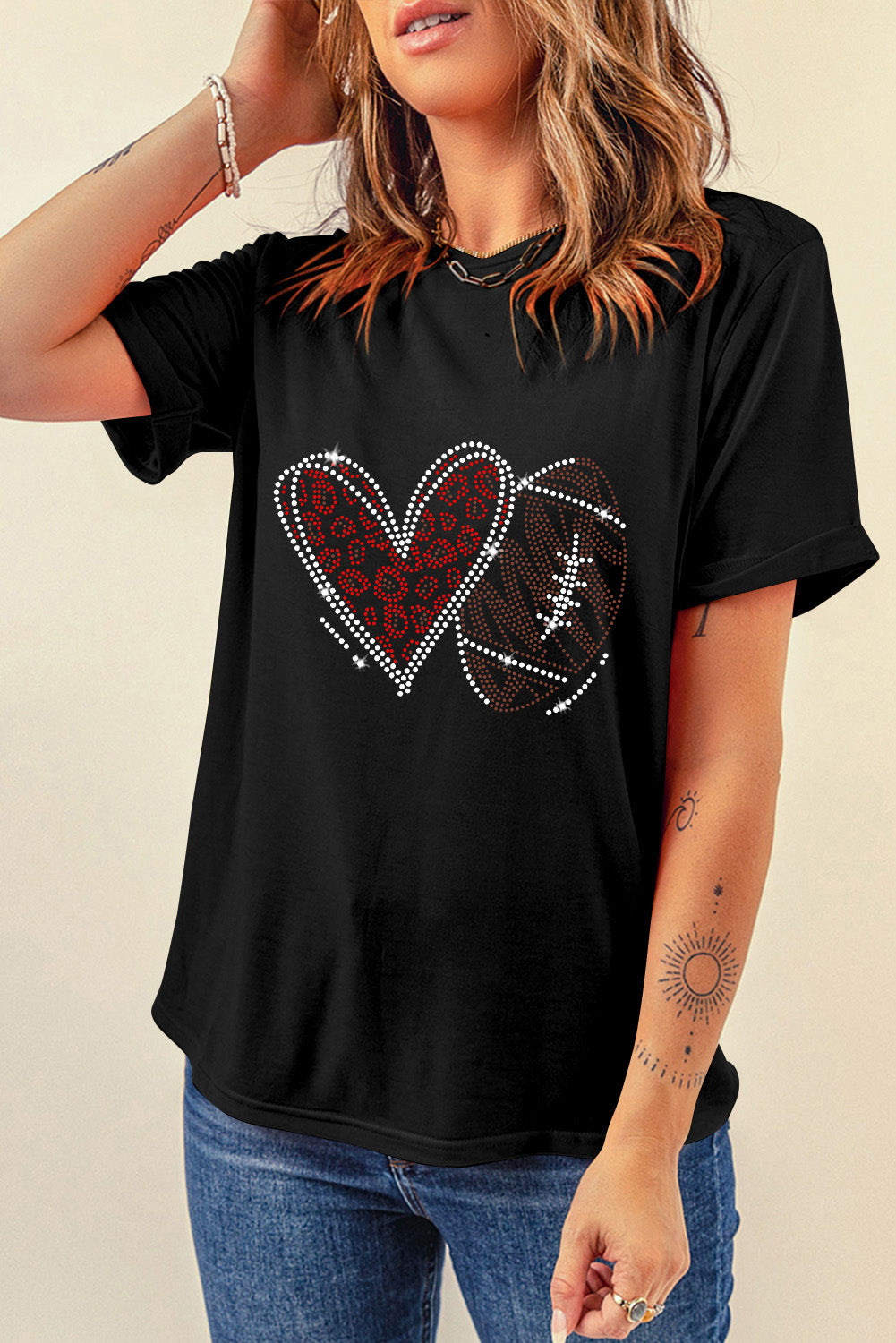 Rhinestone Round Neck Short Sleeve T-Shirt-Angel Casuals