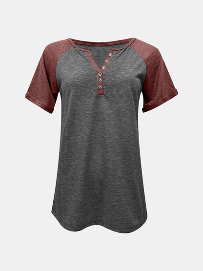Contrast Notched Short Sleeve T-Shirt-Angel Casuals