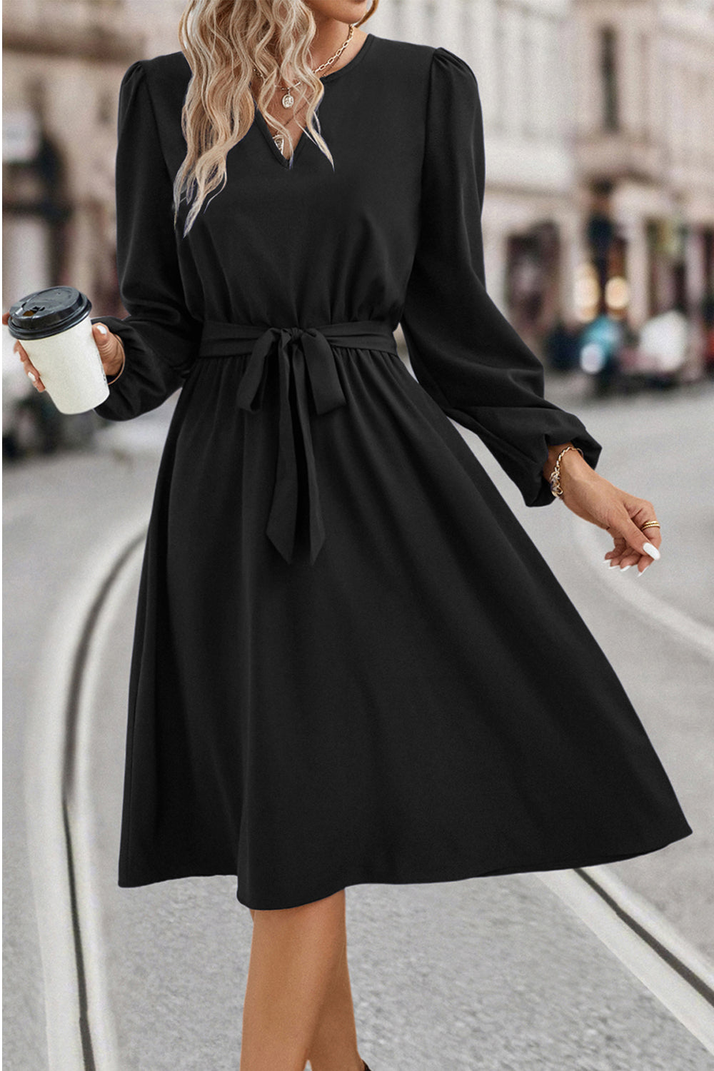 Tie Waist Notched Neck Long Sleeve Dress-Angel Casuals