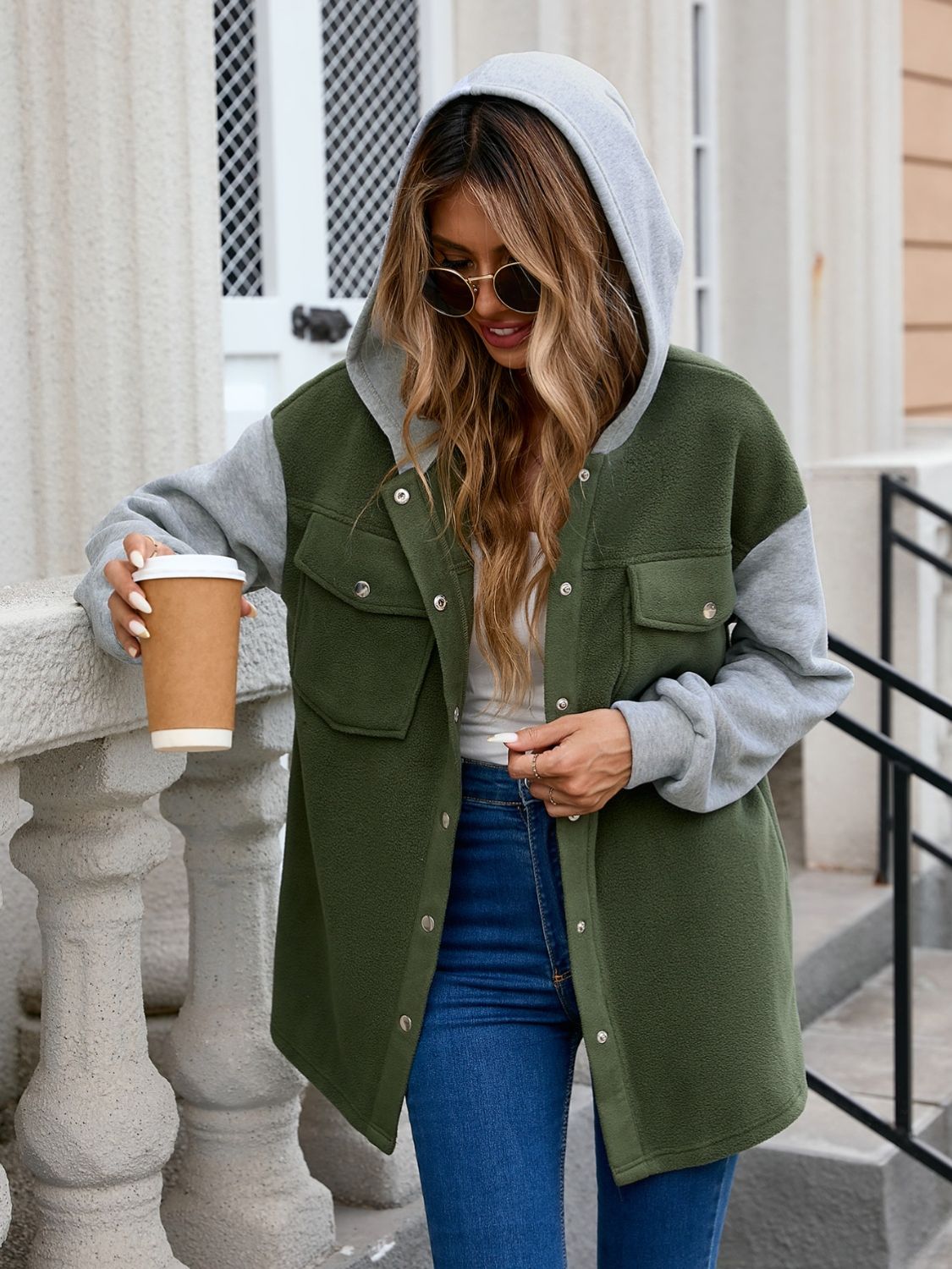 Pocketed Contrast Snap Down Hooded Jacket-Angel Casuals
