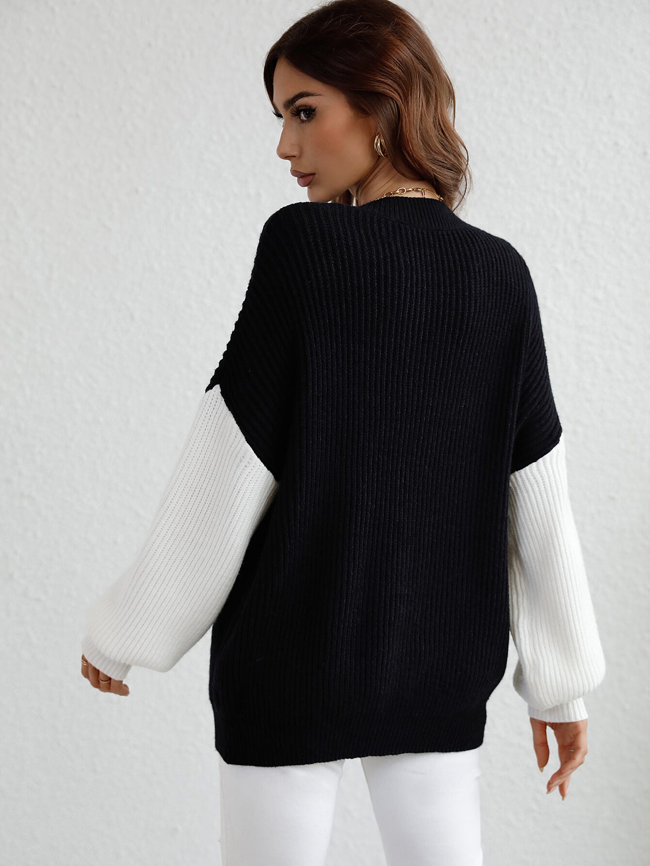 Two-Tone Rib-Knit Dropped Shoulder Sweater-Angel Casuals