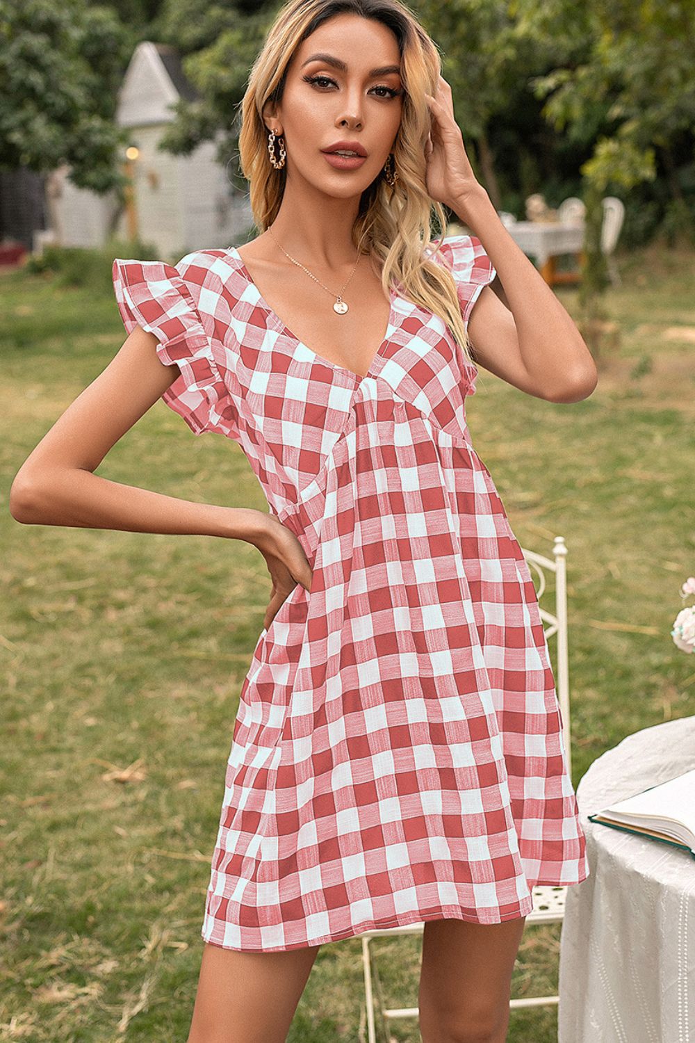 Plaid Butterfly Sleeve Deep V Dress-Angel Casuals