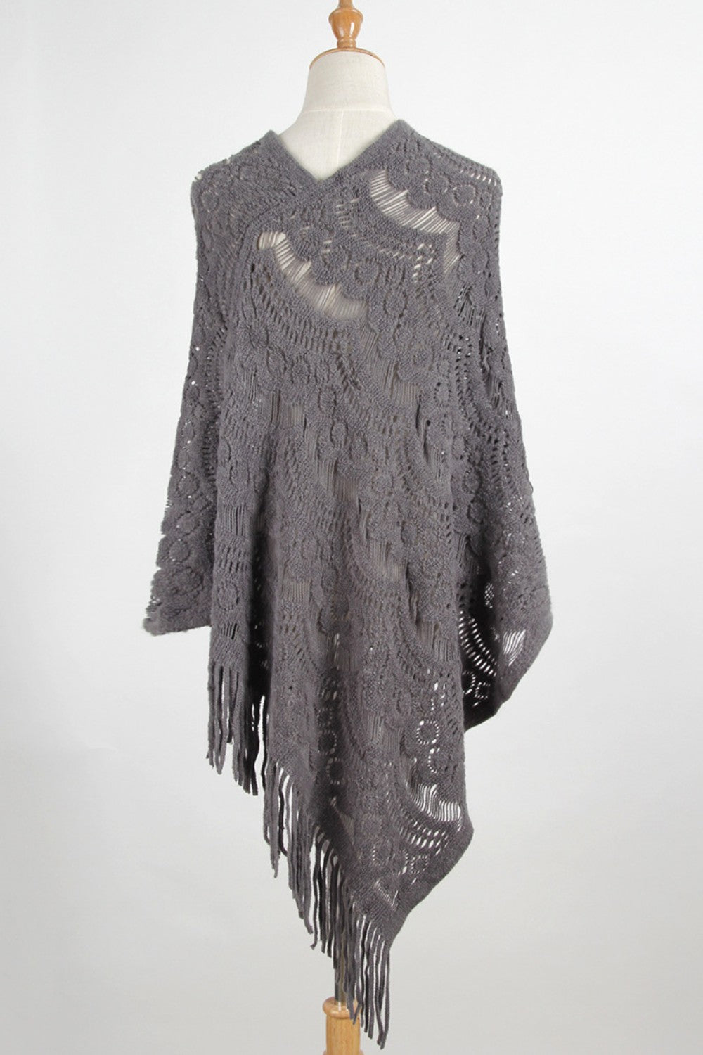 Fringe Openwork Surplice Cape Sleeve Poncho-Angel Casuals