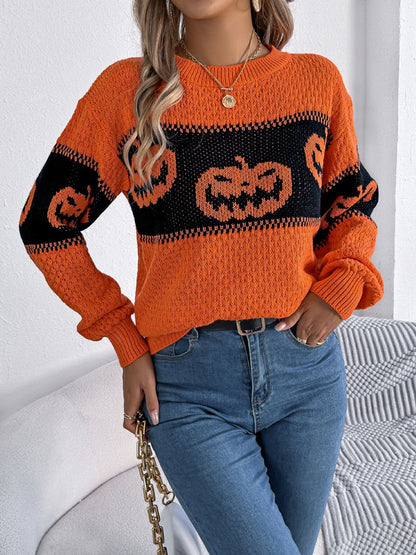 Pumpkin Round Neck Long Sleeve Sweater-Angel Casuals