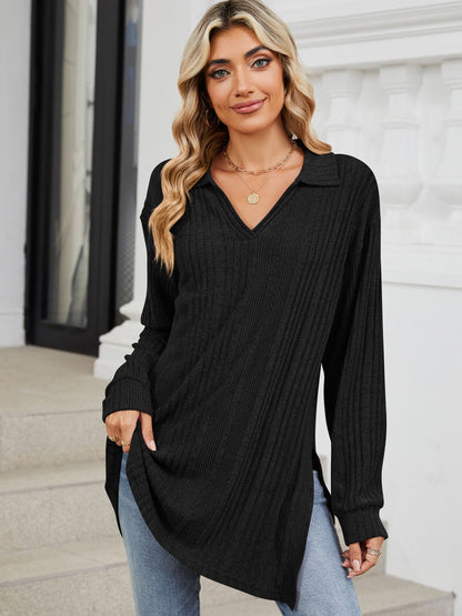Slit Johnny Collar Long Sleeve T-Shirt-Angel Casuals