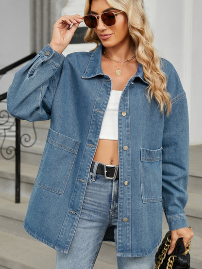 Removable Hood Button Up Long Sleeve Denim Jacket-Angel Casuals