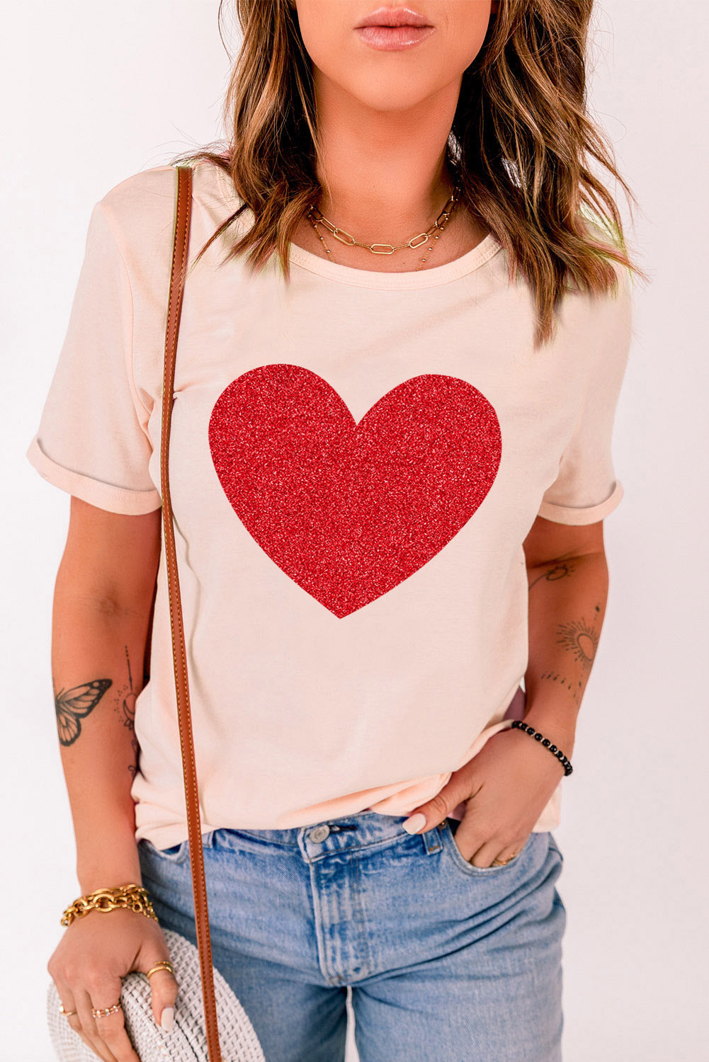 Glitter Heart Graphic T-Shirt-Angel Casuals